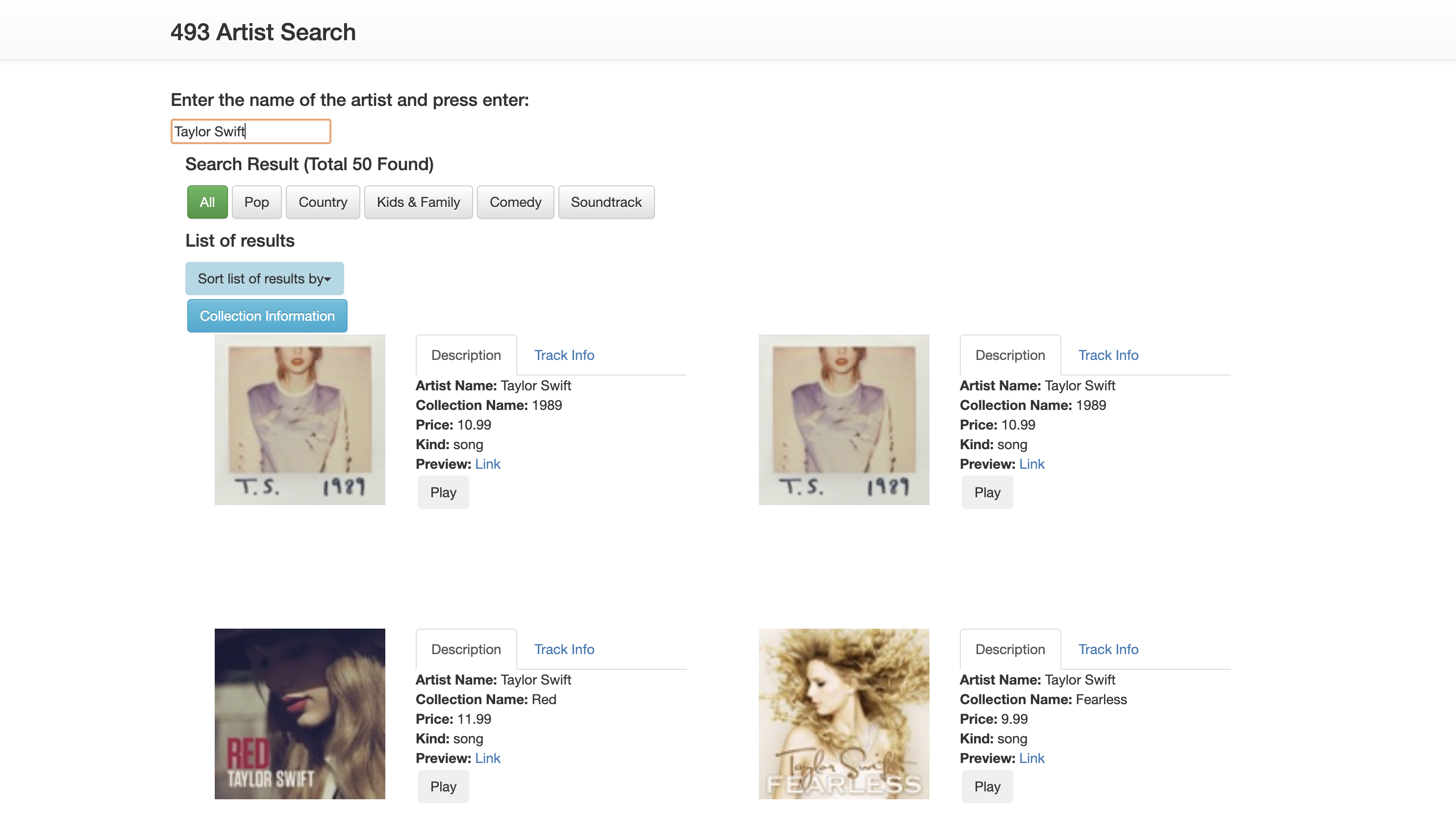 results from the search term 'Taylor Swift' as provided by the iTunes API