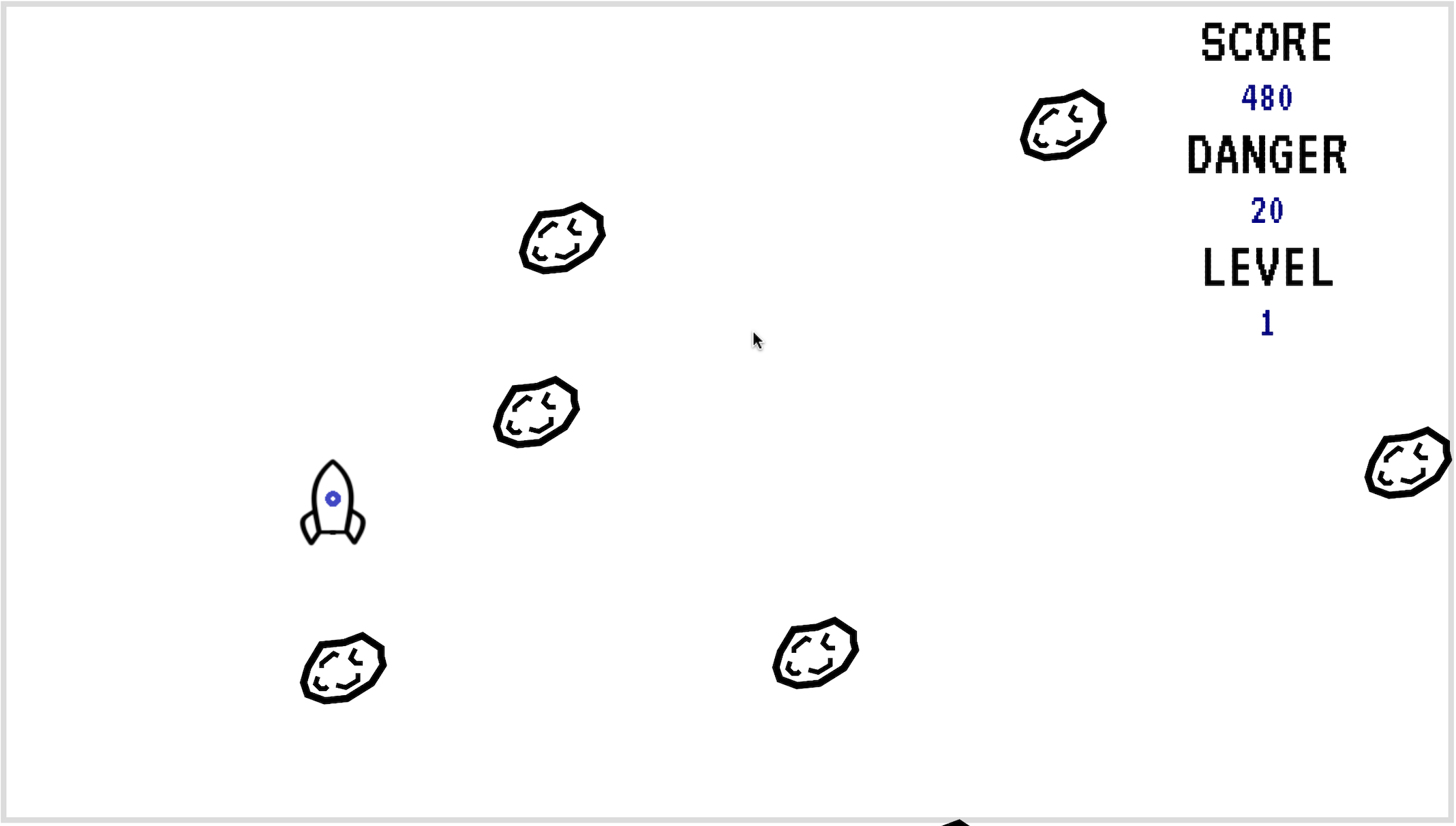 a rocket surrounded by asteroids on the game screen