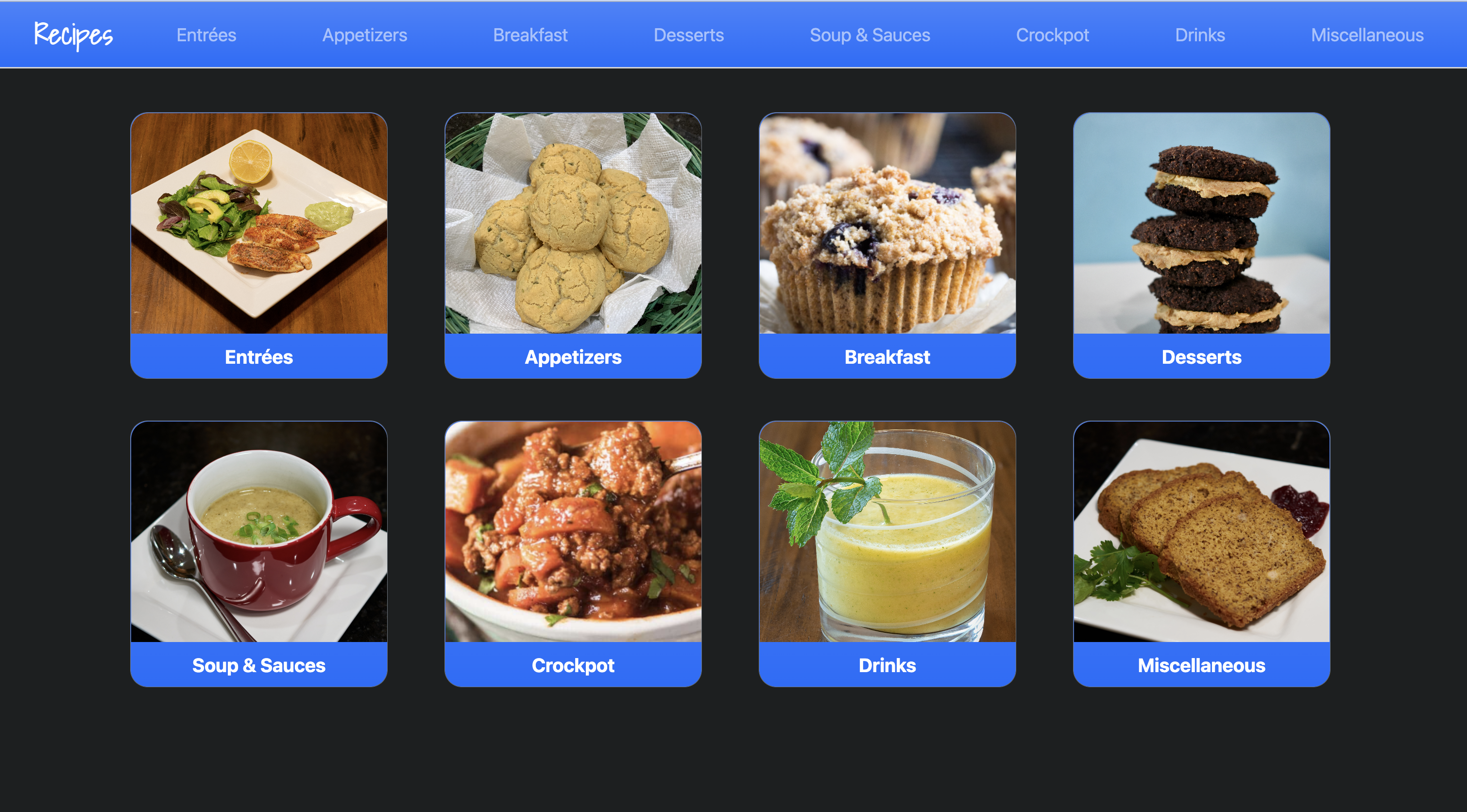 a webpage with 8 categories of recipes displayed